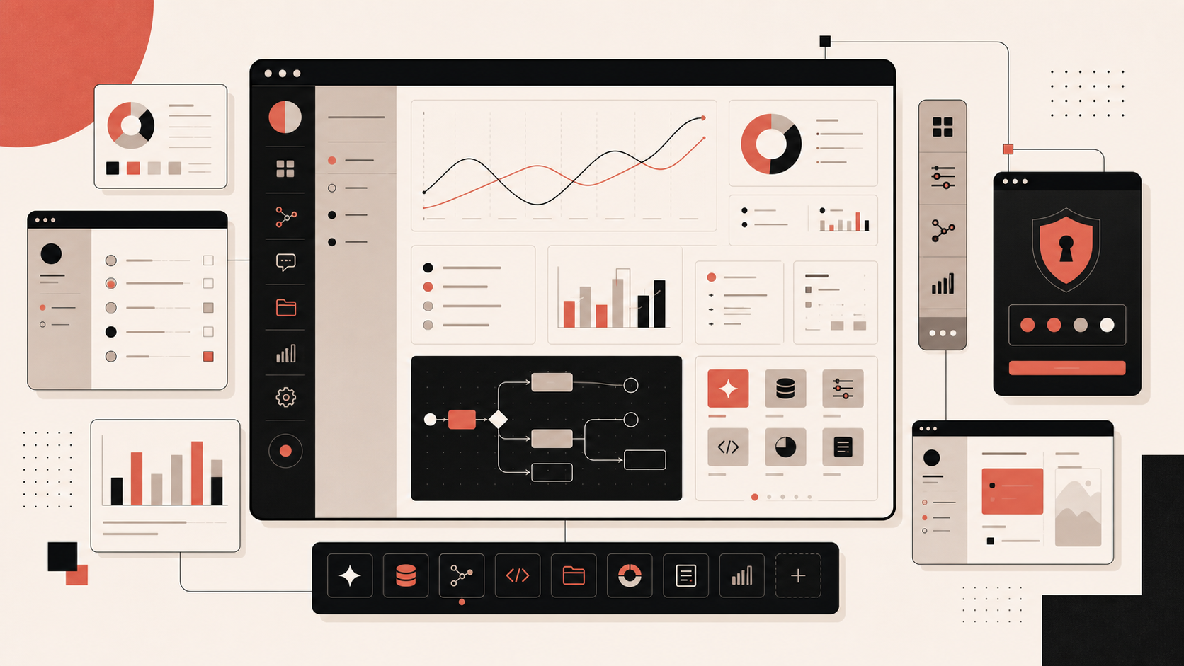Custom branded software shell with tools, navigation, and dashboards